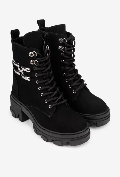 Botine dama negre din piele intoarsa cu ornament