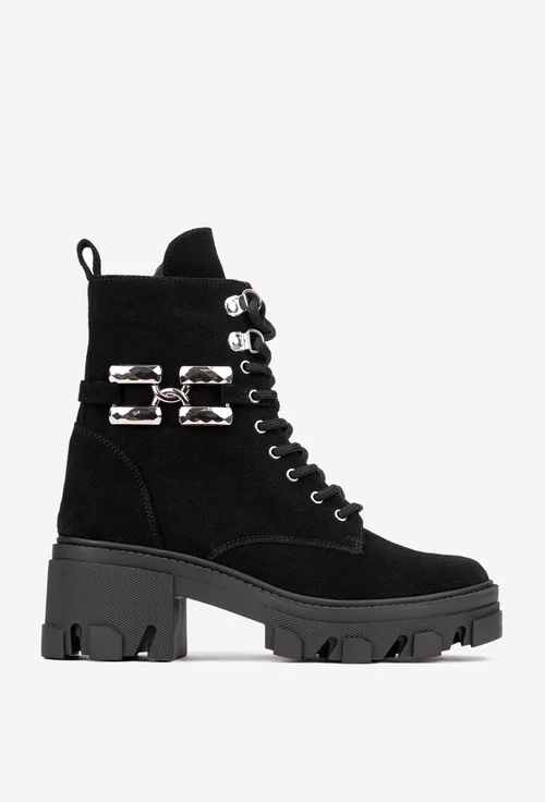 Botine dama negre din piele intoarsa cu ornament