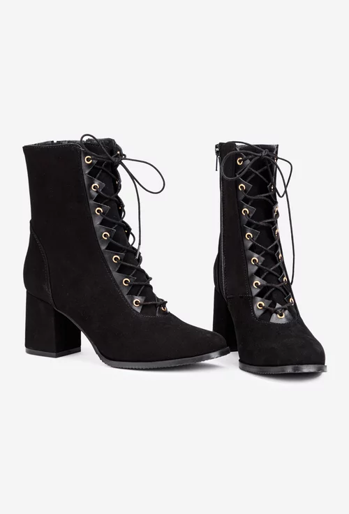 Botine dama negre din piele intoarsa cu siret si fermoar lateral