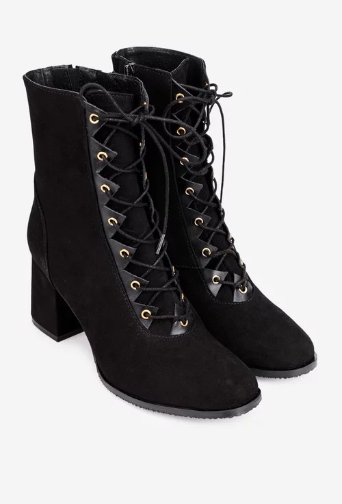 Botine dama negre din piele intoarsa cu siret si fermoar lateral