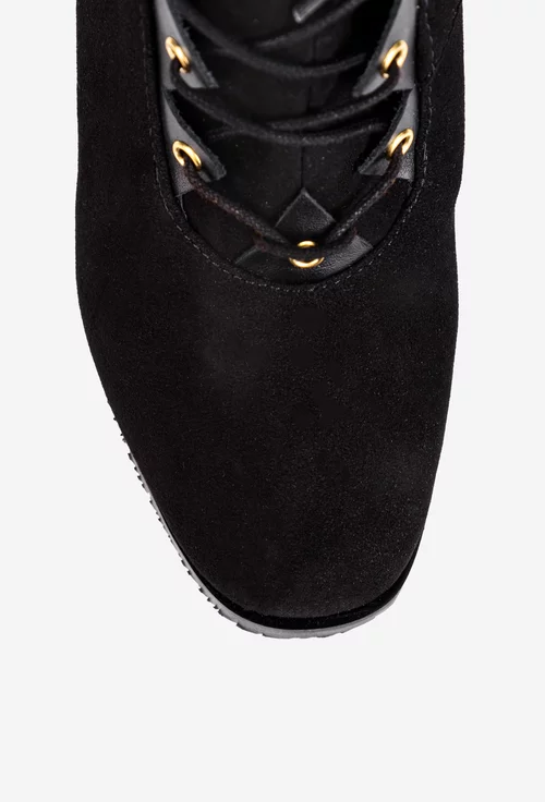 Botine dama negre din piele intoarsa cu siret si fermoar lateral