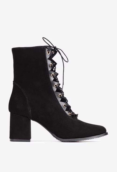 Botine dama negre din piele intoarsa cu siret si fermoar lateral