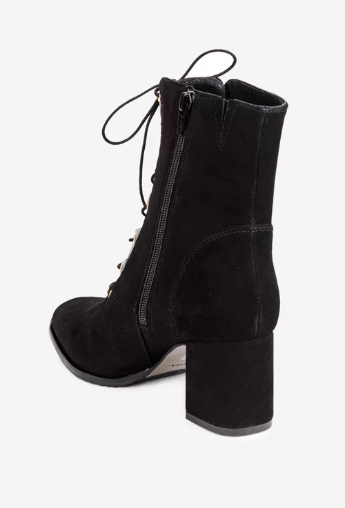 Botine dama negre din piele intoarsa cu siret si fermoar lateral
