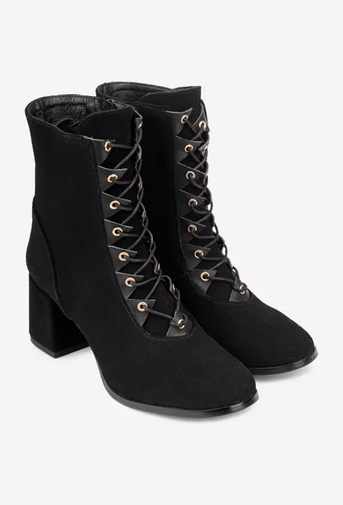 Botine dama negre din piele intoarsa cu toc