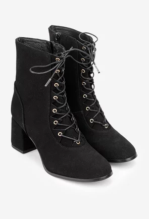 Botine dama negre din piele intoarsa cu toc