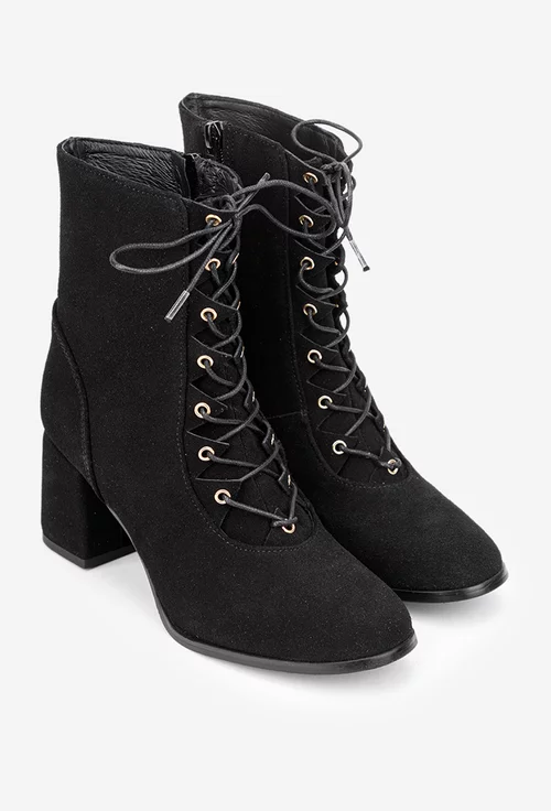 Botine dama negre din piele intoarsa cu toc