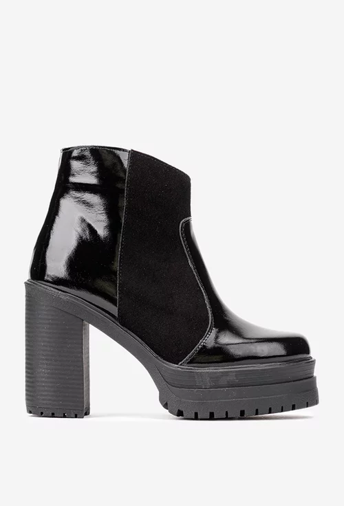 Botine dama negre din piele lacuita si intoarsa
