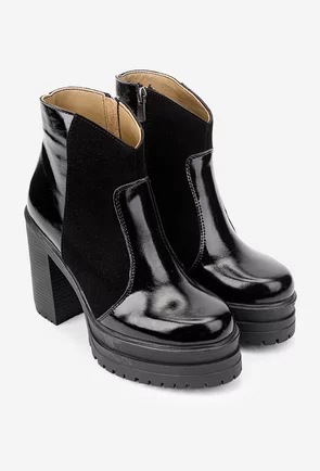 Botine dama negre din piele lacuita si intoarsa