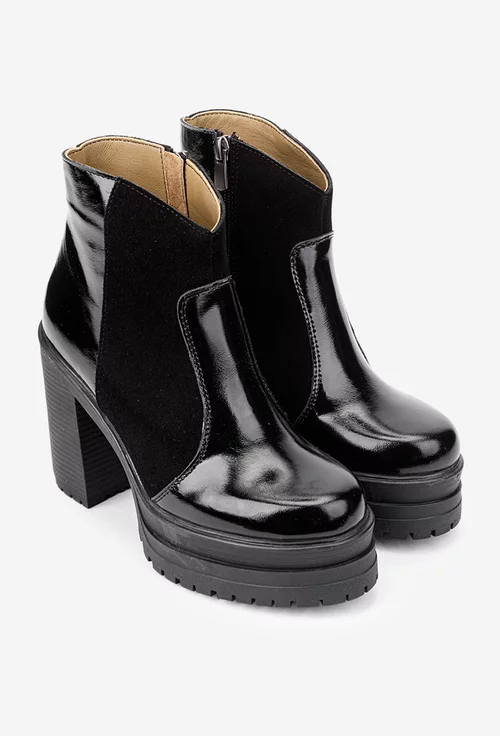 Botine dama negre din piele lacuita si intoarsa