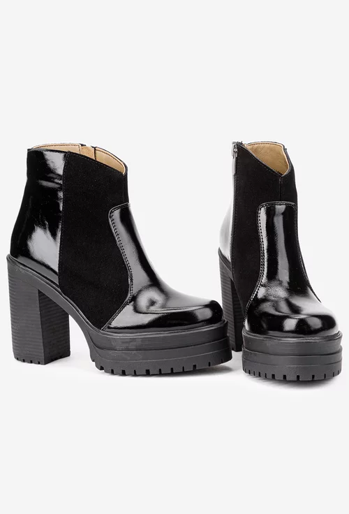 Botine dama negre din piele lacuita si intoarsa