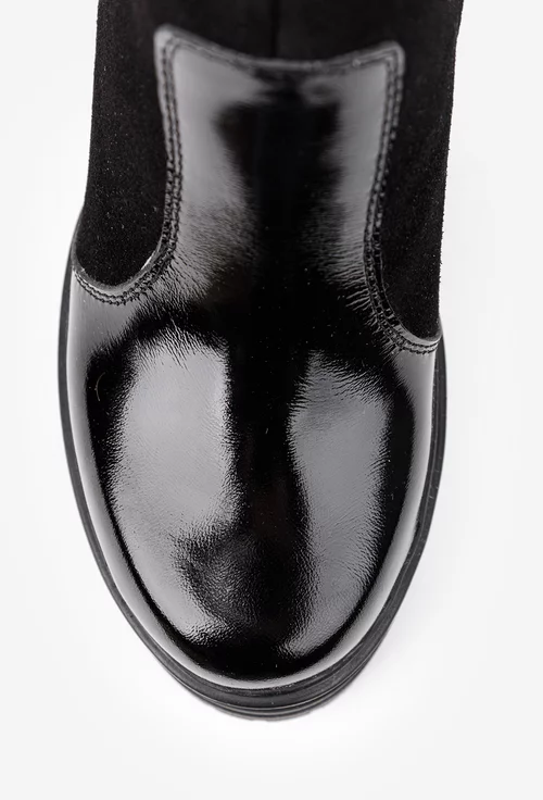 Botine dama negre din piele lacuita si intoarsa