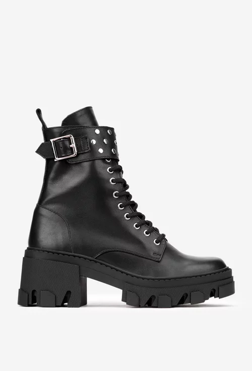 Botine dama negre din piele naturala cu bumbi