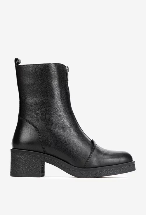 Botine dama negre din piele naturala cu fermoar in fata