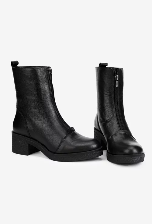 Botine dama negre din piele naturala cu fermoar in fata