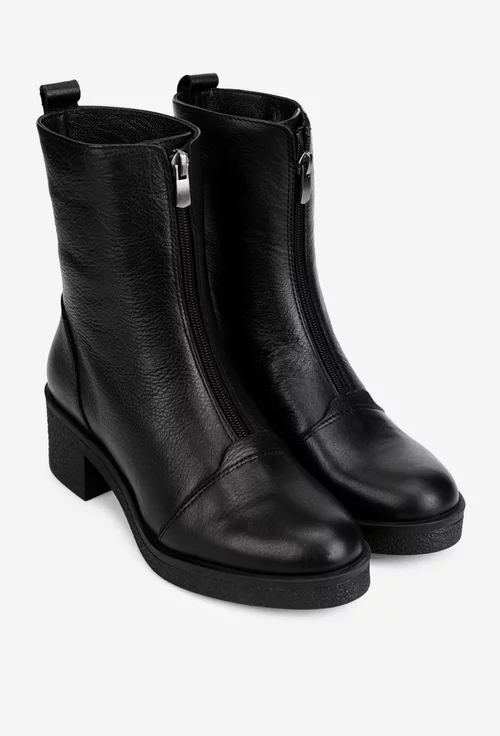 Botine dama negre din piele naturala cu fermoar in fata