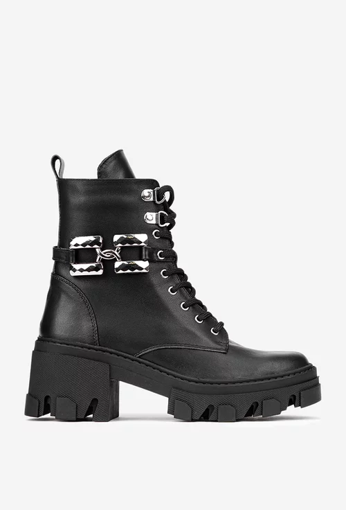 Botine dama negre din piele naturala cu ornament