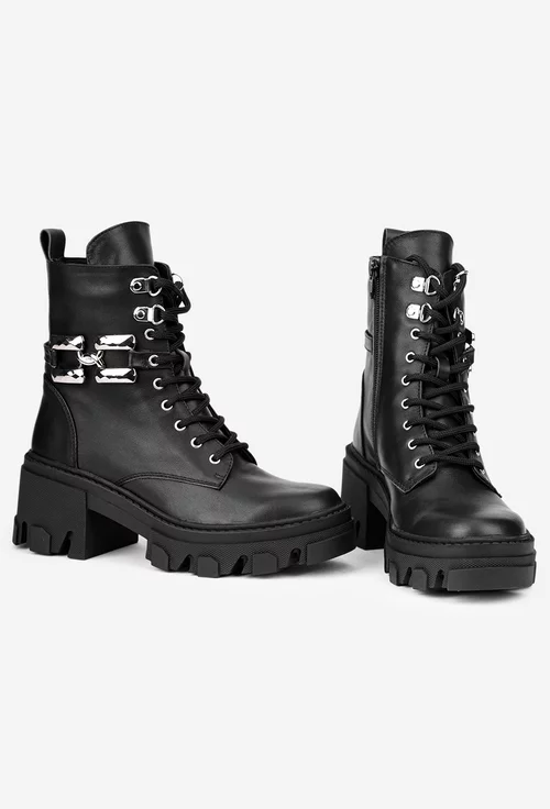 Botine dama negre din piele naturala cu ornament