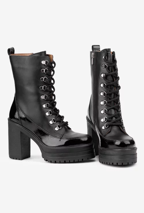 Botine dama negre din piele naturala cu toc inalt
