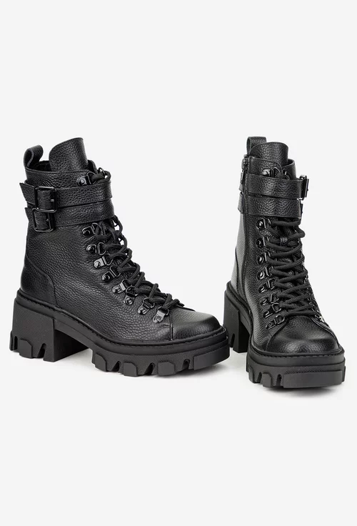 Botine dama negre din piele texturata