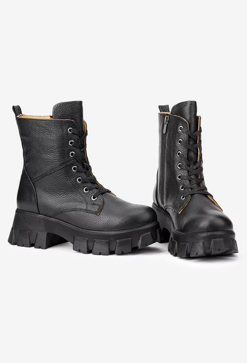 Botine dama negre din piele texturata