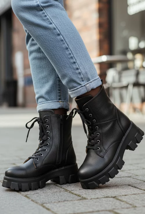 Botine dama negre din piele texturata