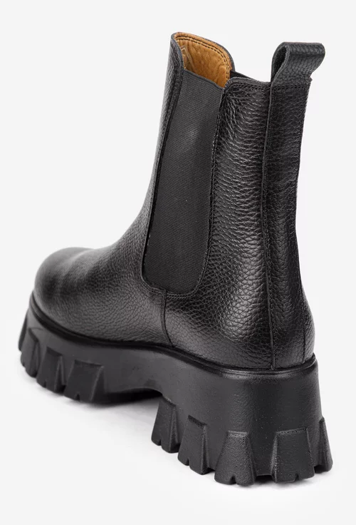 Botine dama negre din piele texturata cu elastic
