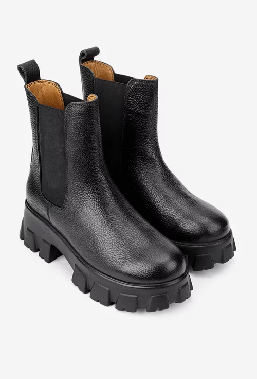 Botine dama negre din piele texturata cu elastic