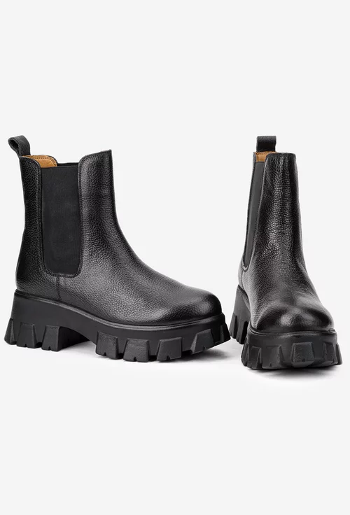 Botine dama negre din piele texturata cu elastic