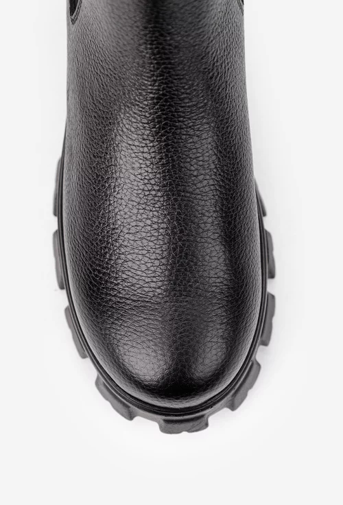 Botine dama negre din piele texturata cu elastic