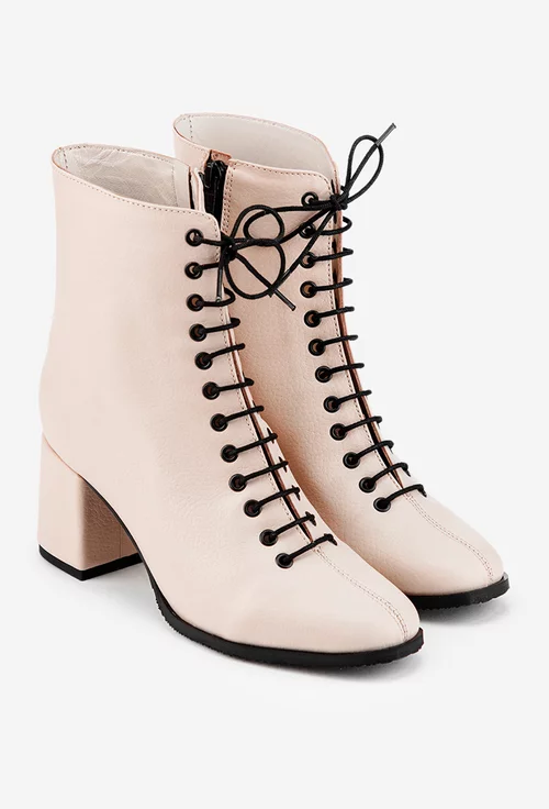 Botine dama nude din piele naturala texturata cu siret