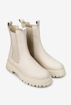 Botine dama NUR bej din piele naturala cu elastic in laterale