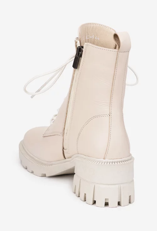 Botine dama NUR din piele bej deschis cu siret si fermoar lateral