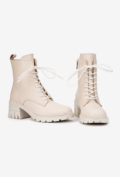 Botine dama NUR din piele bej deschis cu siret si fermoar lateral