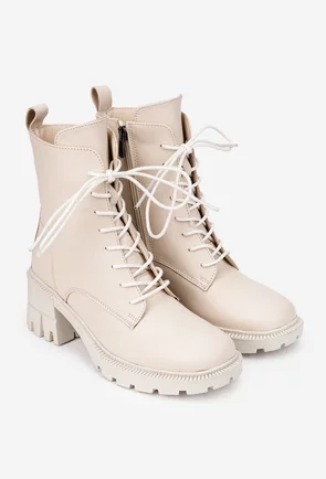 Botine dama NUR din piele bej deschis cu siret si fermoar lateral