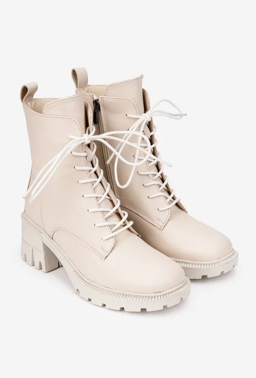 Botine dama NUR din piele bej deschis cu siret si fermoar lateral