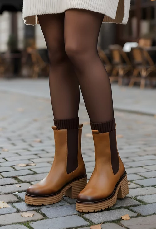 Botine dama NUR din piele maro cu elastic