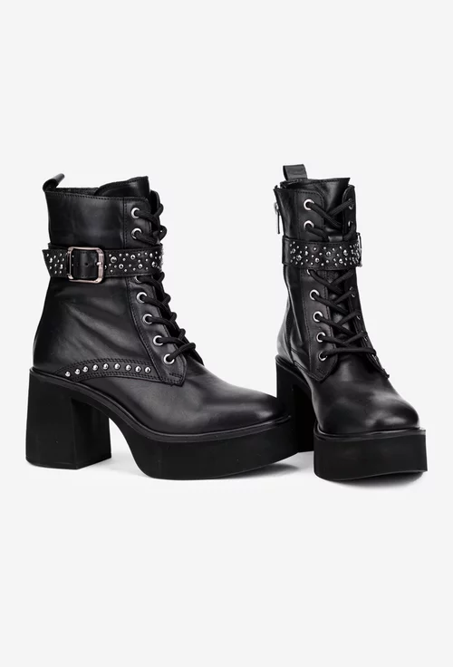 Botine dama NUR negre din piele cu toc gros
