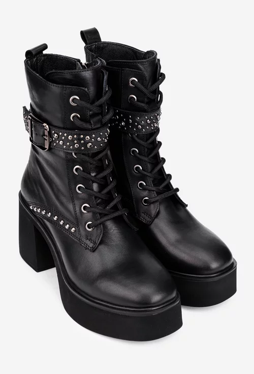 Botine dama NUR negre din piele cu toc gros
