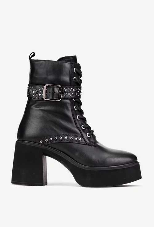 Botine dama NUR negre din piele cu toc gros