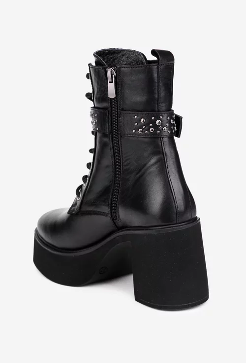 Botine dama NUR negre din piele cu toc gros