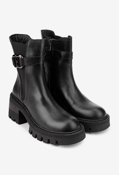 Botine dama NUR negre din piele naturala accesorizate