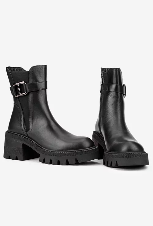 Botine dama NUR negre din piele naturala accesorizate
