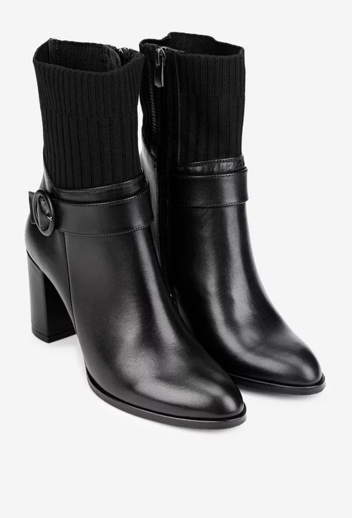 Botine dama NUR negre din piele naturala si material textil