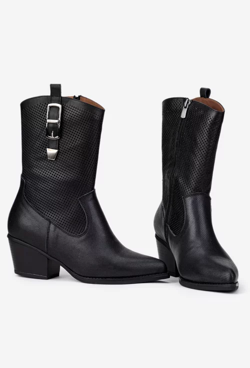 Botine dama NUR negre din piele naturala tip cowboy