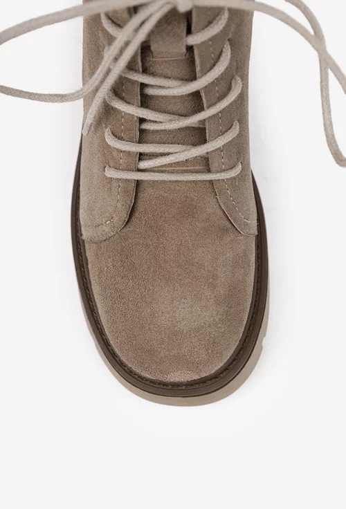 Botine dama NUR taupe din piele intoarsa cu siret si fermoar