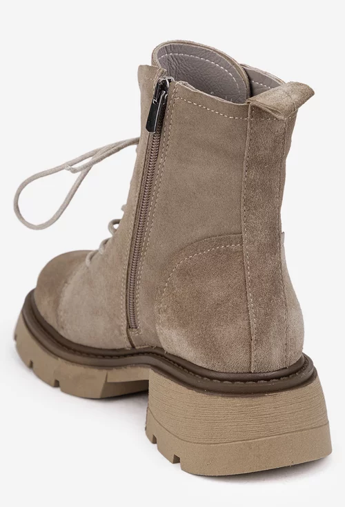 Botine dama NUR taupe din piele intoarsa cu siret si fermoar