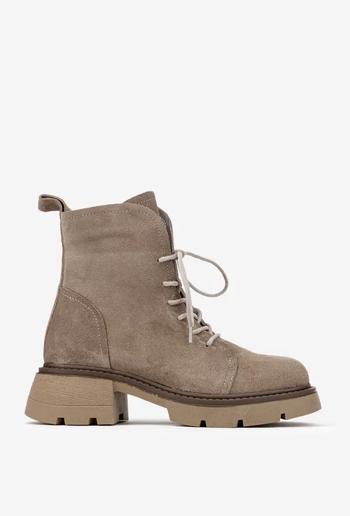 Botine dama NUR taupe din piele intoarsa cu siret si fermoar