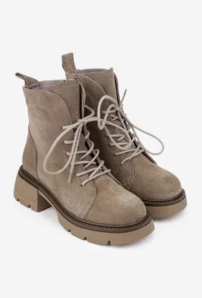 Botine dama NUR taupe din piele intoarsa cu siret si fermoar