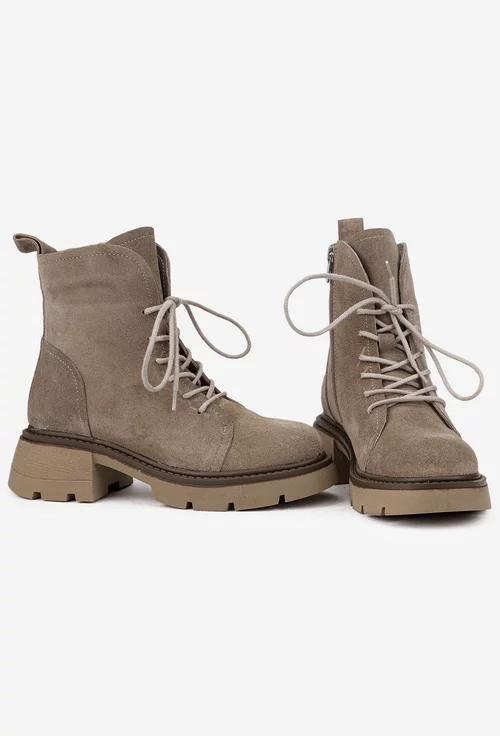 Botine dama NUR taupe din piele intoarsa cu siret si fermoar