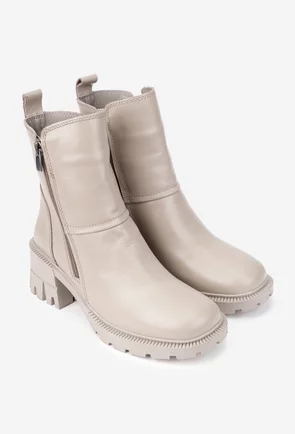 Botine dama NUR taupe din piele prevazute cu doua fermoare